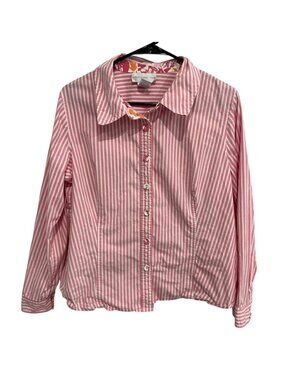 Susan Graver XL Pink White Striped Button Down Shirt Floral Trim Preppy Coastal